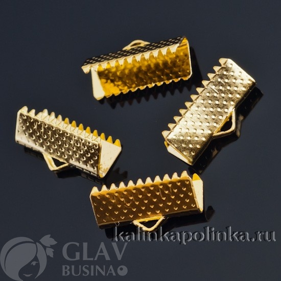 Уцененные зажимы для лент, железные, цвет - желтое золото, 16 мм ширина, отверстие 1 мм, комплект 10 штук.