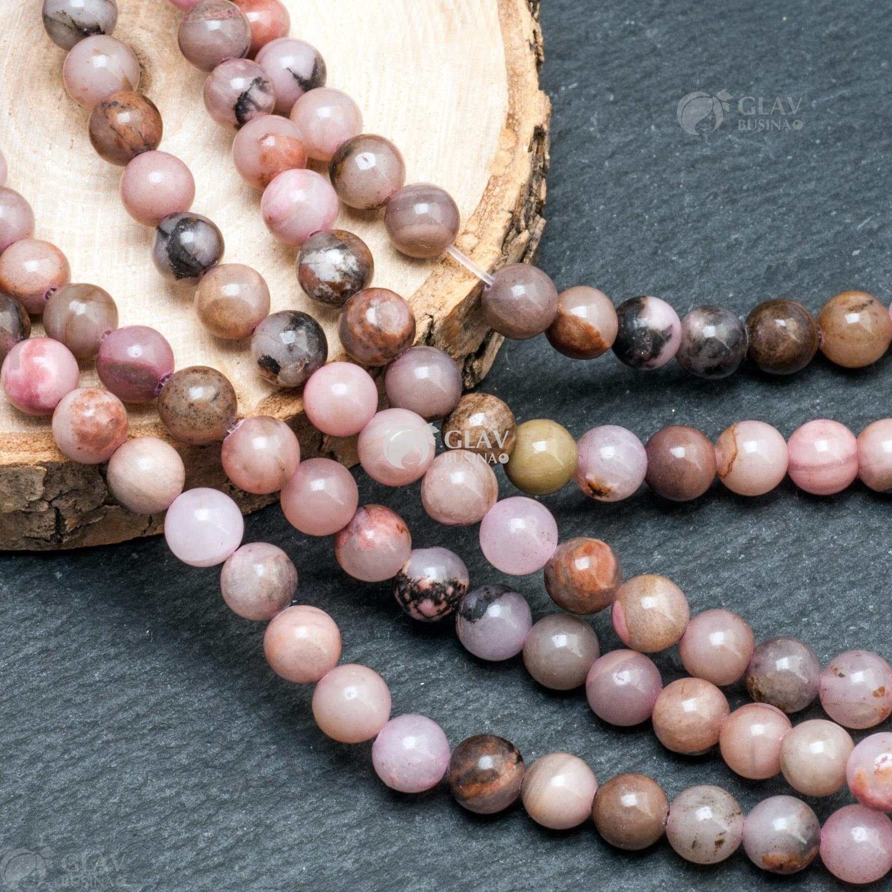ОПТ (50 ниток) Нитка бусин родонита, диам. 6-6.5мм, отв-е 0.8мм, длина 37 см / 60 бусин.