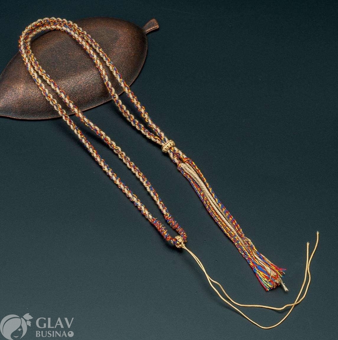 ОПТ (10 шт) Основа для колье из хлопкового шнура цвет бежевый с васильковым, желтым и красным, шнур 4мм х 66см, с плетенным стопером 8х4мм и плетенным бейлом-колечком 7х3,7мм с ниточкой.