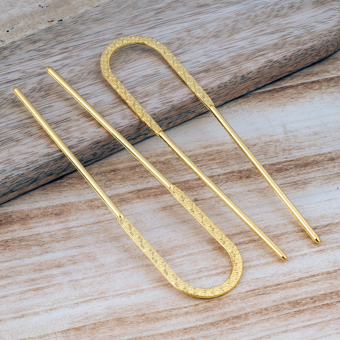 ОПТ (10 шт) Шпилька для волос U-образная, текстурная, бижутерный сплав, р-р 130х33мм, цвет желтое золото