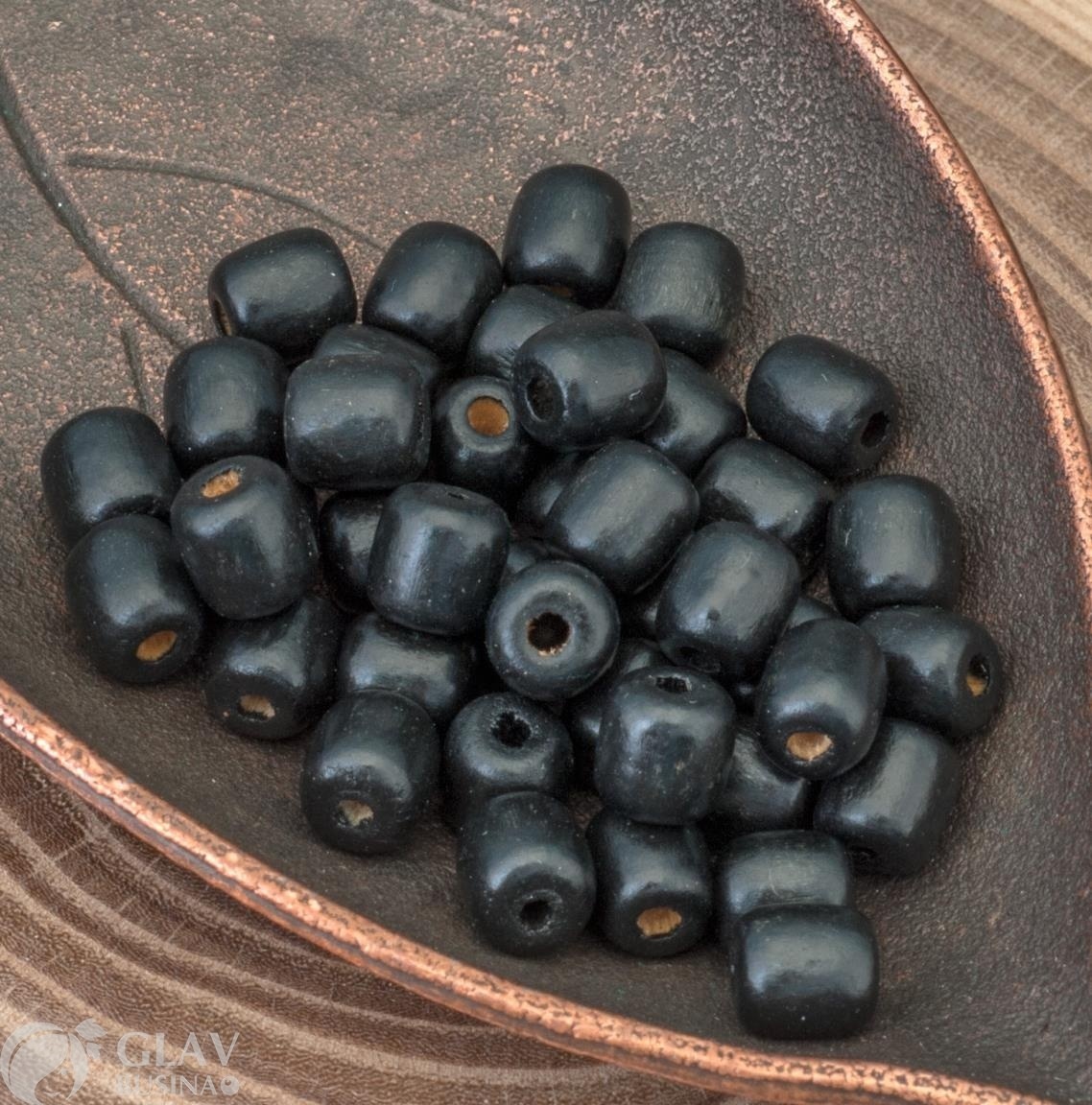 ОПТ (500 бусин) Бусины-бочонки из дерева, не шлифованные, цвет полуглянцевой краски черный, р-р 7х6,5мм, отв. 1,5мм.