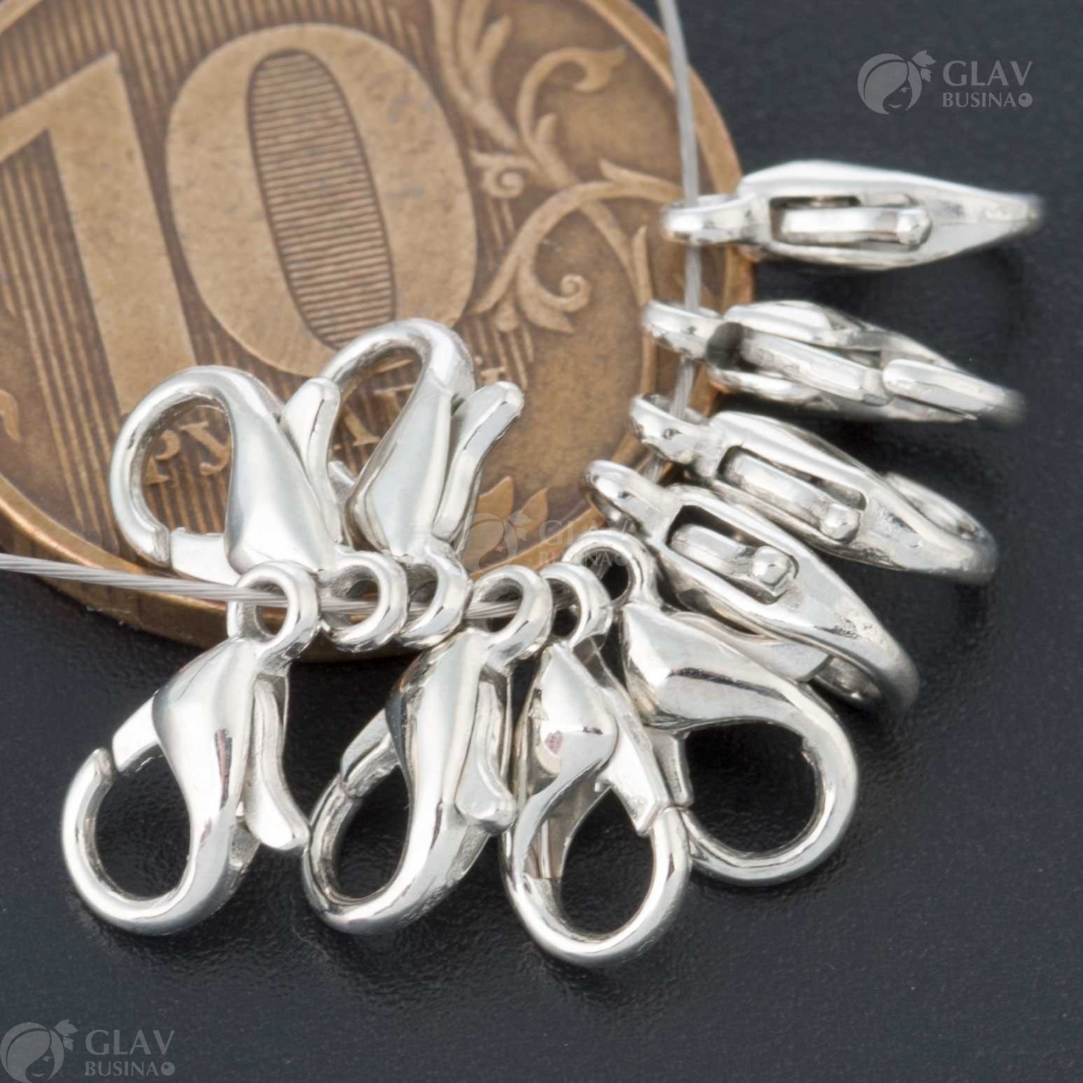 ОПТ (по 50 шт. в упак.) Застёжка-лобстер из бижутерного сплава, длина 10мм, отв-е 1.5мм, цвет платина.