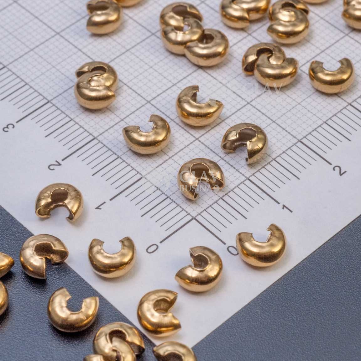 Шапочки для кримпов из хирургической стали, под кримп до 2.5 мм, р-р 6х5 мм, долговечное золотое покрытие.