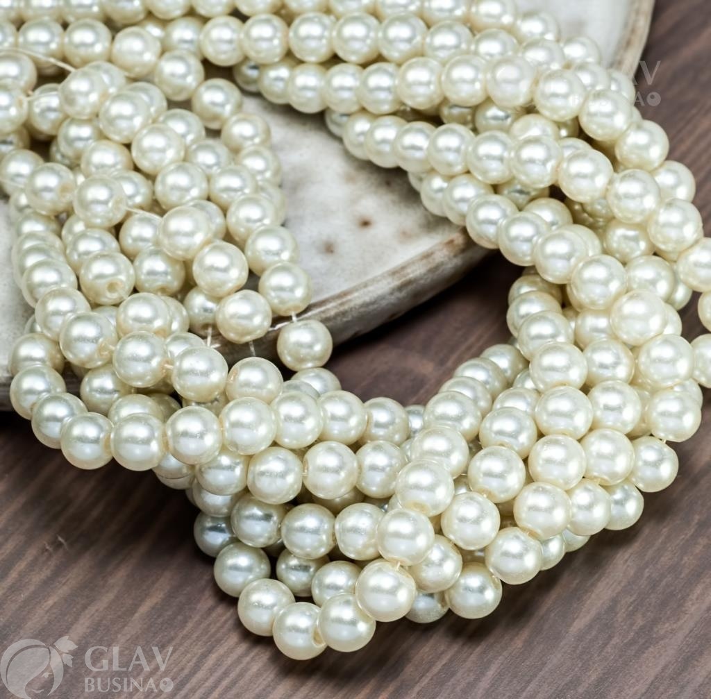 ОПТ (5 ниток) Низка 80 см / 100 бусин стеклянного жемчуга, р-р 8х7.5мм, отв-е 1мм, дымчато-белые.