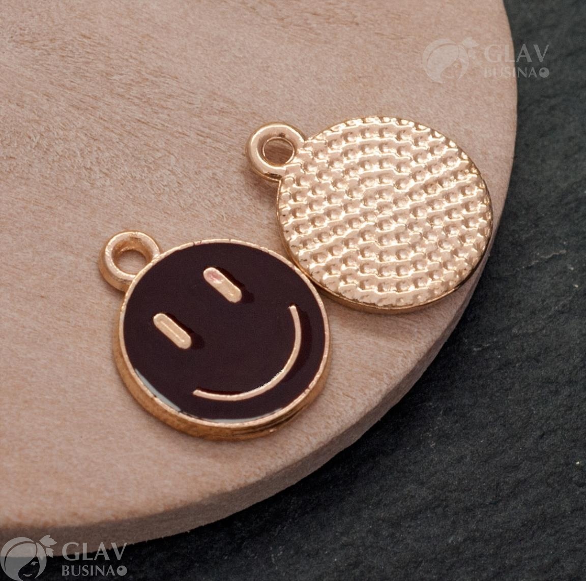 ОПТ (20 шт) Подвеска эмалевая Смайлик горький шоколад, р-р 15х12мм, отв-е 1.5мм,цвет металла золото.