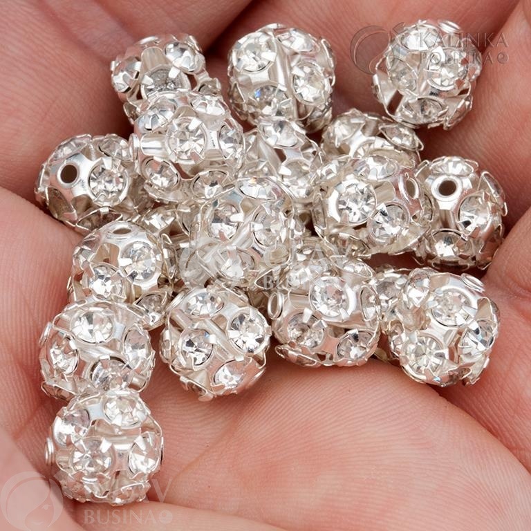 ОПТ (100 шт) Бусины с кристально чистыми хрустальными стразами, латунь, цвет серебро, диам. 10мм, отв-е 1.4мм.