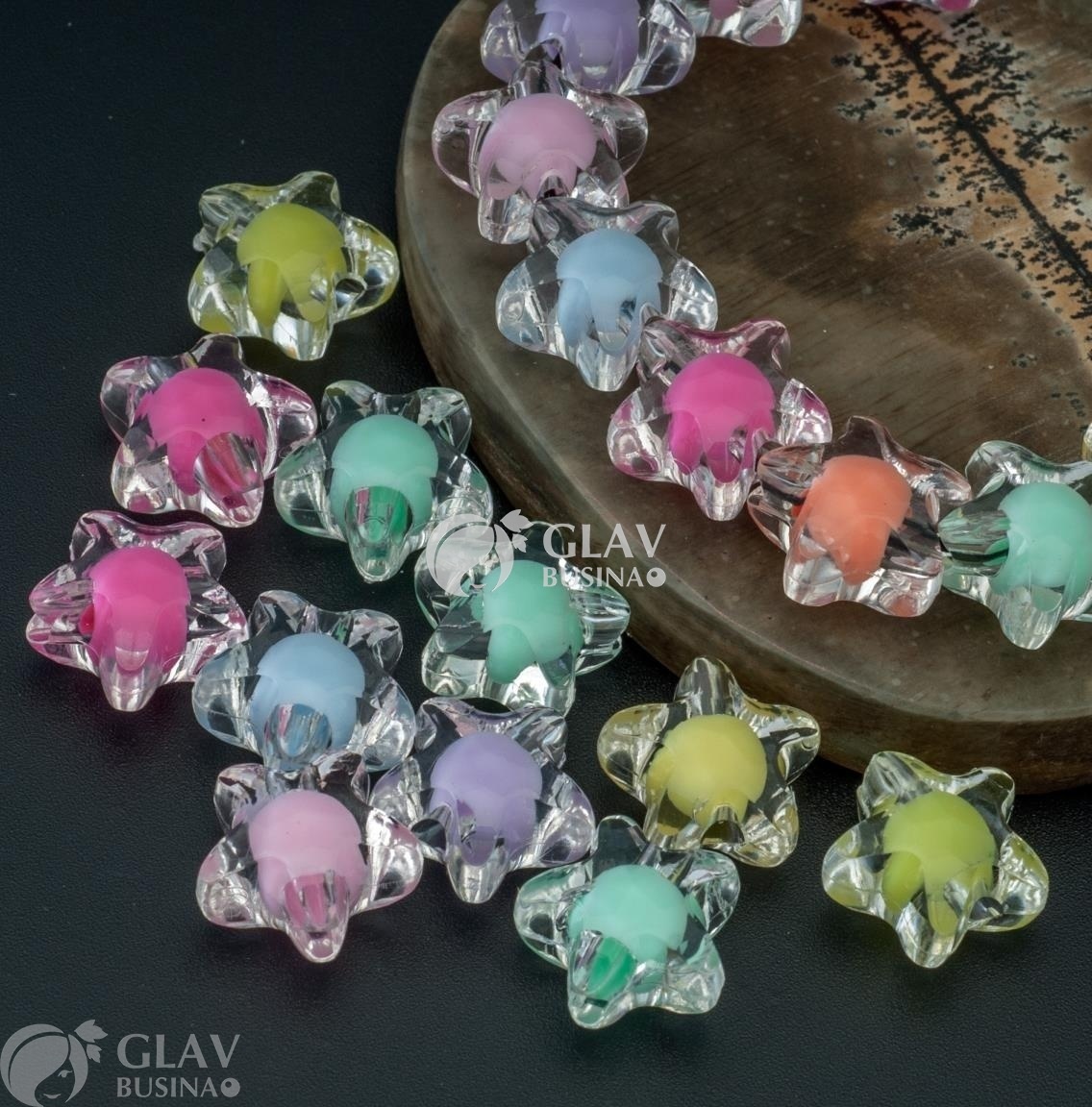 ОПТ (1000 бусин) Акриловая бусина в бусине полупрозрачная звездочка, цвет карамельный микс, р-р 12х12х7мм, отв. 2мм.