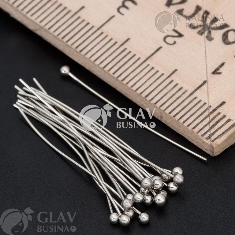 ОПТ (2500 шт) Штифты с шариком латунные, цвет родий, р-р 30х0.5мм, шарик 1.8мм.