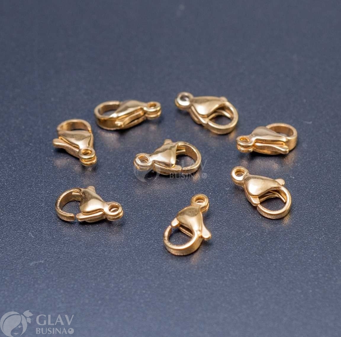 ОПТ (10 шт) Карабин из хирургической стали, р-р 11х7х3.5, отв.1.2мм, долговечное анодирование золотого цвета.