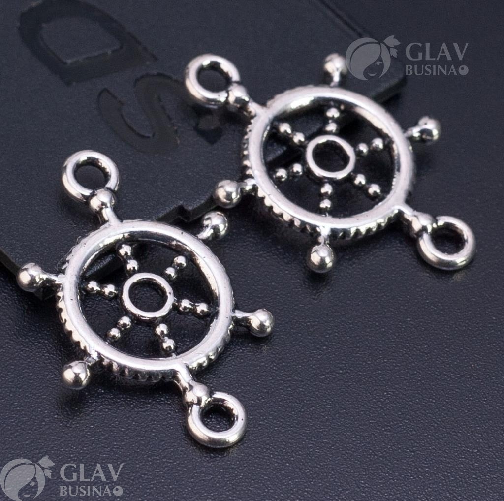 ОПТ (100 шт) Коннектор 1/1 из бижутерного сплава, Штурвал, двусторонний, р-р 23х15х2мм, отв-я 2мм, цвет чернёное серебро.