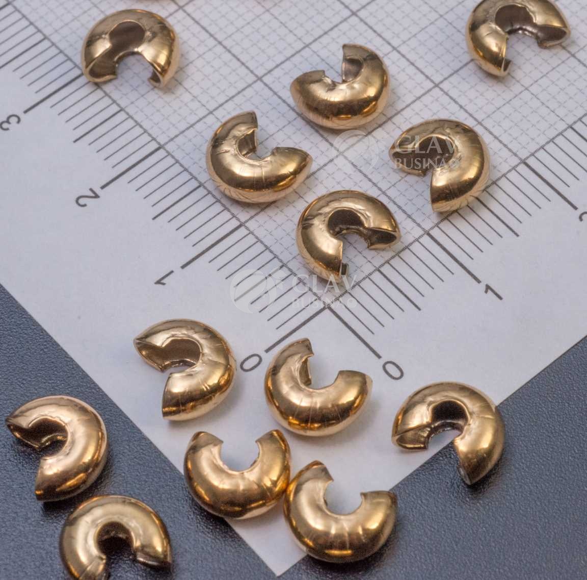 Шапочки для кримпов из хирургической стали, под кримп до 4 мм, р-р 8х6 мм, долговечное золотое покрытие.