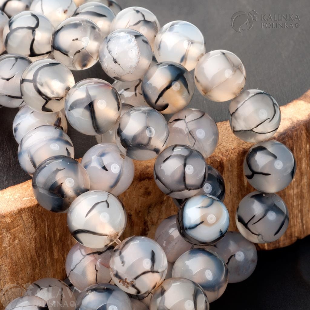 Бусины агата кракле белые прозрачные с черными прожилками, диам. 10.5мм, отв-е 1.2мм.