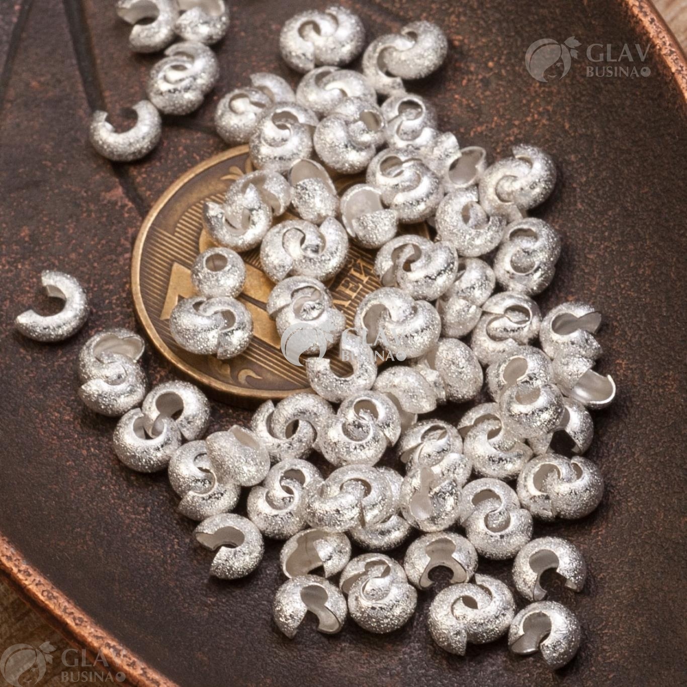 ОПТ (250 шт) Шапочки для кримпов с эффектом звездной пыли (сияния), р-р 4.5х3мм, латунь, цвет серебро.