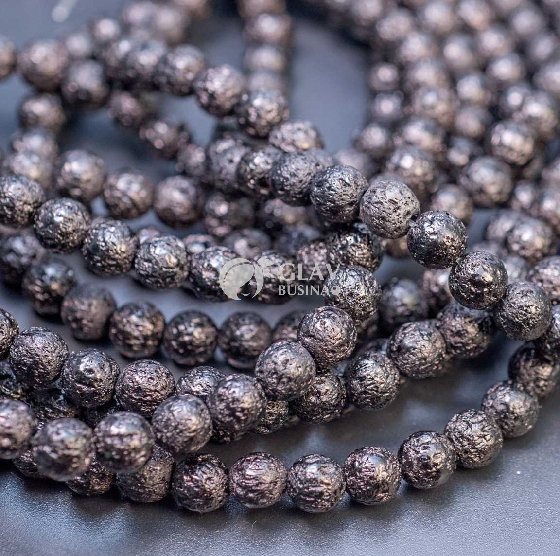 ОПТ (10 ниток) Нитка бусин вулканической лавы, цвет черный, глянцевый, диам. 8мм, отв-е 1мм, длина 40см / 46 бусин.
