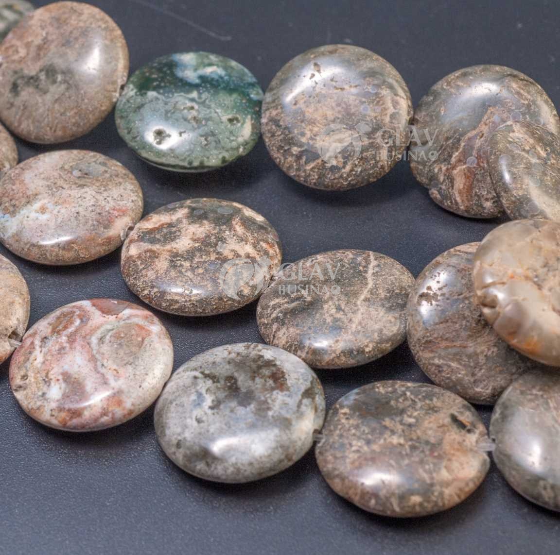 Моховой агат, гладкая плоская круглая бусина с естественными неровностями, цвета серо-зеленые и светло-коричневые, р-р 20х6мм, отв.1,2мм.